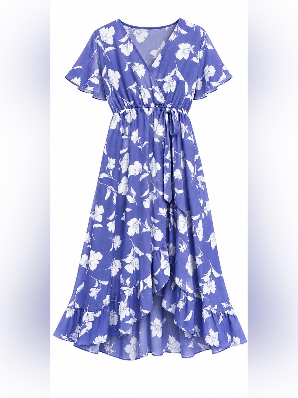 BloomChic Bloom floral ruffle knot side wrap dress, Blue
